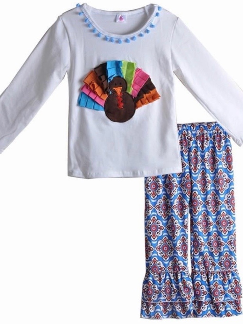 Kids White Turkey Appliqué Pant Set with Blue Pattern Pants
